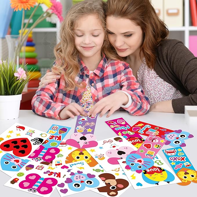 ANGOLIO Valentine's Day Bookmarks Craft Kits - 40Sets Valentine's Day Animals Craft for Kids DIY Make Your Own Heart Animal Set Self-Adhesive Face Stickers for Kids Classroom Gifts Party Supplies