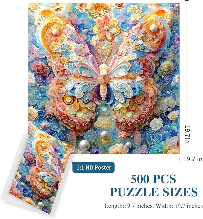 ALL4JIG Butterfly Fun Jigsaw Puzzles for Adults and Kids, 500 Pieces, 19.7" x 19.7", Christmas Secret Santa Gift, White Elephant Gifts, Number Partitioned for Easy Solving