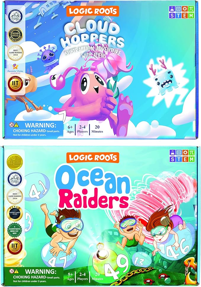 Addition and Subtraction Games - Pack of 2, Ocean Raiders and Cloud Hoppers, Math Board Games & STEM Toys for 6-8 Year Olds, Educational Gift for Kids, Homeschoolers, Kindergarten and Up
