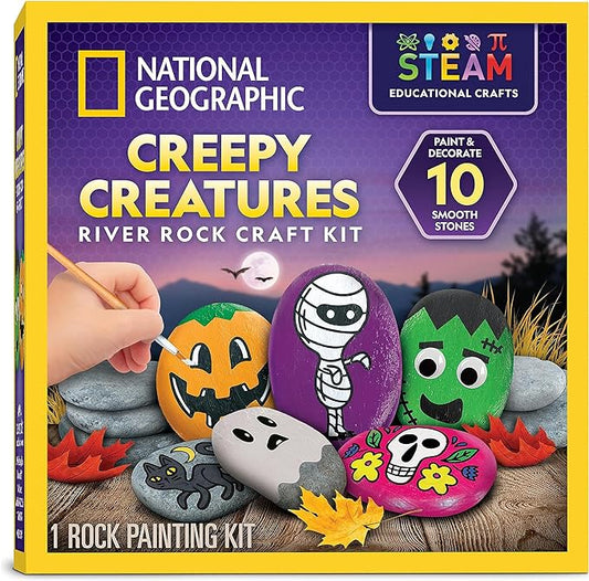 NATIONAL GEOGRAPHIC Creepy Creatures Rock Painting Kit - Halloween Arts & Crafts Kit for Kids, Decorate 10 River Rocks with 10 Paint Colors & More Spooky Art Supplies, Halloween Gifts for Kids