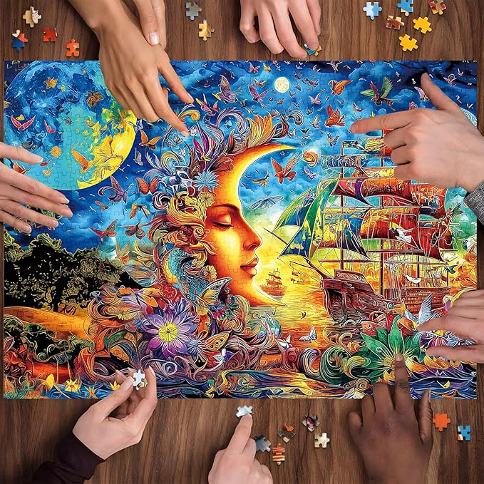 300 Piece Puzzles for Adults Kids, 300 Piece Puzzles for Adults Large Piece, Fantasy Moon Flowers Sailing Ship Jigsaw Puzzle, Challenging Puzzle Perfect for Game Nights, 20.5 X 15 in