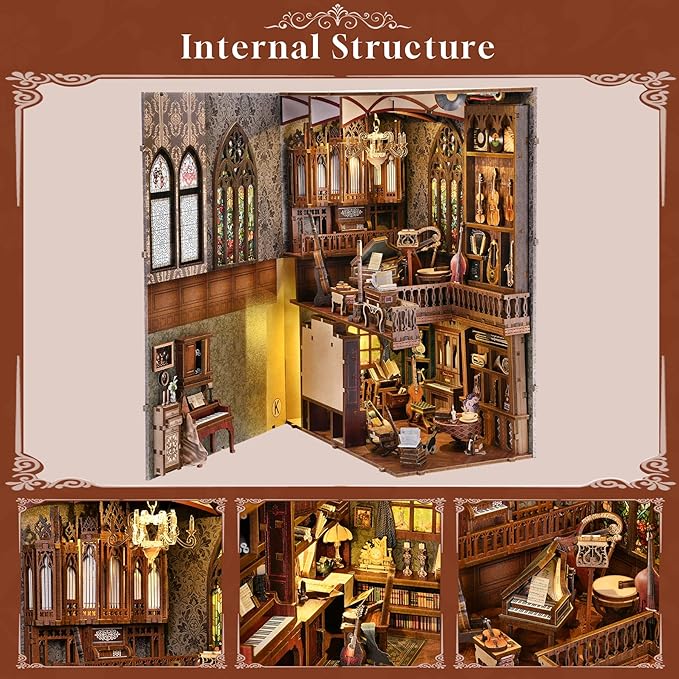 Timeless Melody Book Nook Kit, DIY Miniature Dollhouse Booknook Kit Music, 3D Wooden Puzzle Bookend Bookshelf Insert Decor with LED Light, Mini House Kit for Teens and Adults