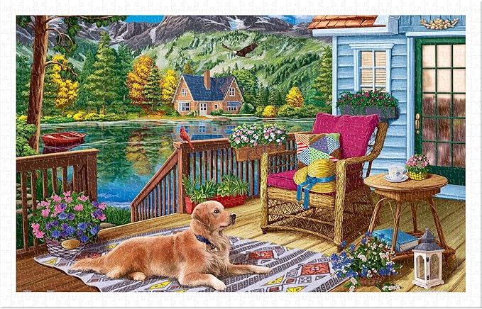 PieceRelax Plastic Jigsaw Puzzles for Adults 1000 Pieces - Image World - Terrace Near The Mountain Lake Most Satisfying Table Games and Gifts No Puzzle Mat Required [H3610]