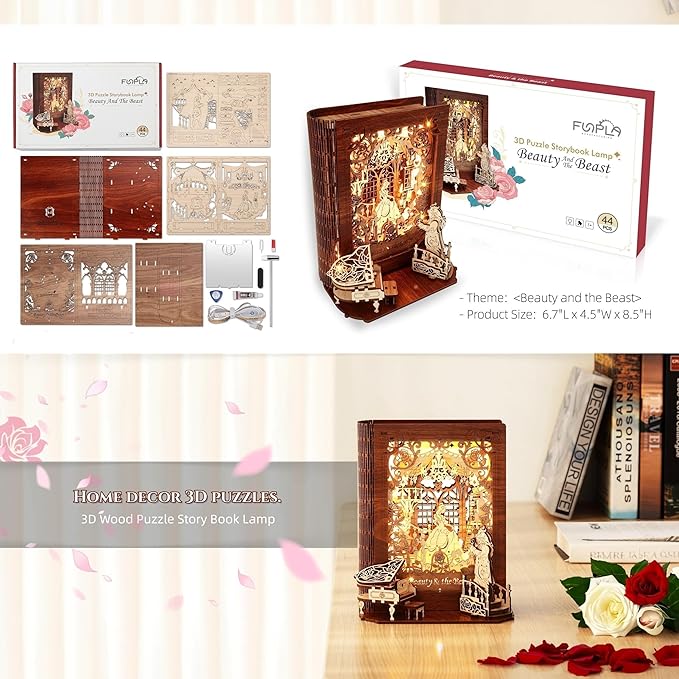 Beauty and The Beast 3D Puzzle Nightlight – LED 3D Puzzle Gifts – 3D Wood Puzzles Storybook Nightlight Home Décor for Kids and Adults