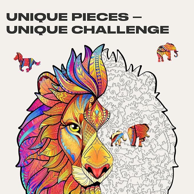 UNIDRAGON Wooden Puzzles for Adults Unique Jigsaw Puzzles - King Size Mysterious Lion Big 12.2" х15.7 327 PCS Deko with Cut 0.03 mm Wood Accuracy Animal