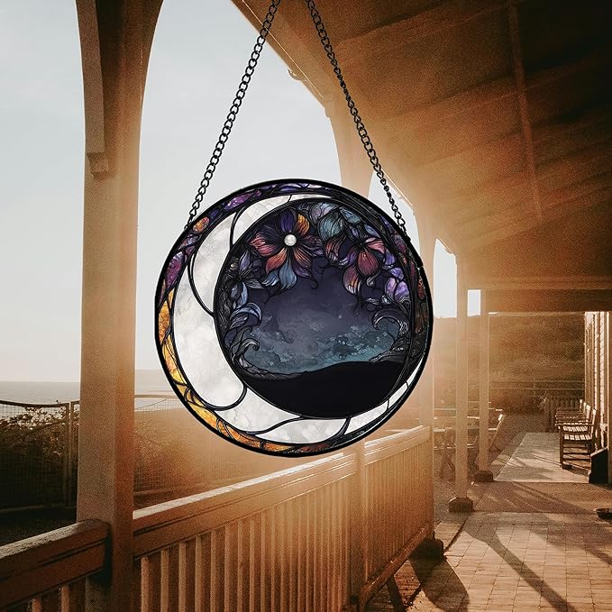 Stained Glass Window Hanging - Black and White Moon Sun Catcher for Door Terrace Garden Home Decor, Abstract Plant Flower Suncatcher Birthday Gifts for Lovers Women Men Dad Mom Nana 6.3 in