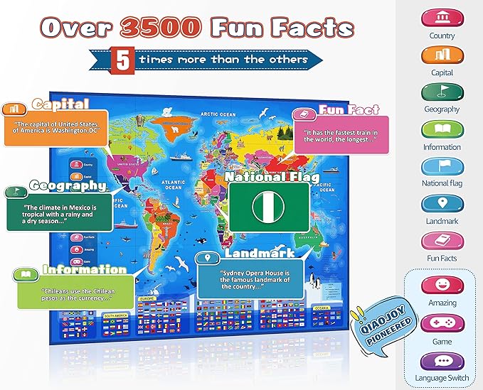 Bilingual Interactive World Map for Kids Learning and Educational Toys, Talking Electronic Kids World Map i-Poster Geography Games Ages 3 to 12 Years Old, Custom Talking Birthday Gifts Card