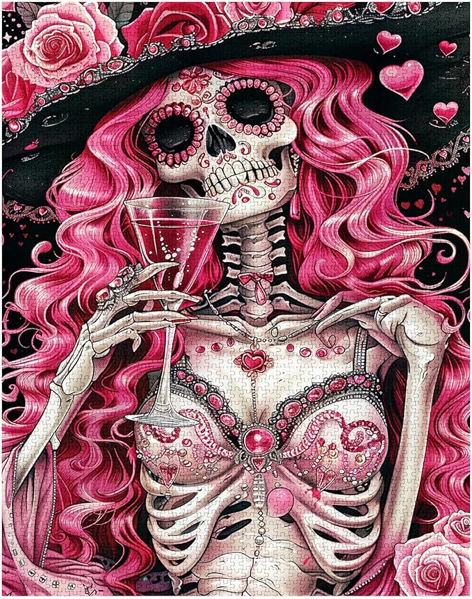 Tucocoo Skeleton Woman Jigsaw Puzzles for Adults 1000 Pieces, Pink Roses Glass Wine Skull Art Puzzle Colorful DIY Craft Puzzles for Home Decoration Gifts, Family Puzzle Perfect for Game Nights