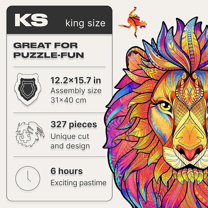 UNIDRAGON Wooden Puzzles for Adults Unique Jigsaw Puzzles - King Size Mysterious Lion Big 12.2" х15.7 327 PCS Deko with Cut 0.03 mm Wood Accuracy Animal