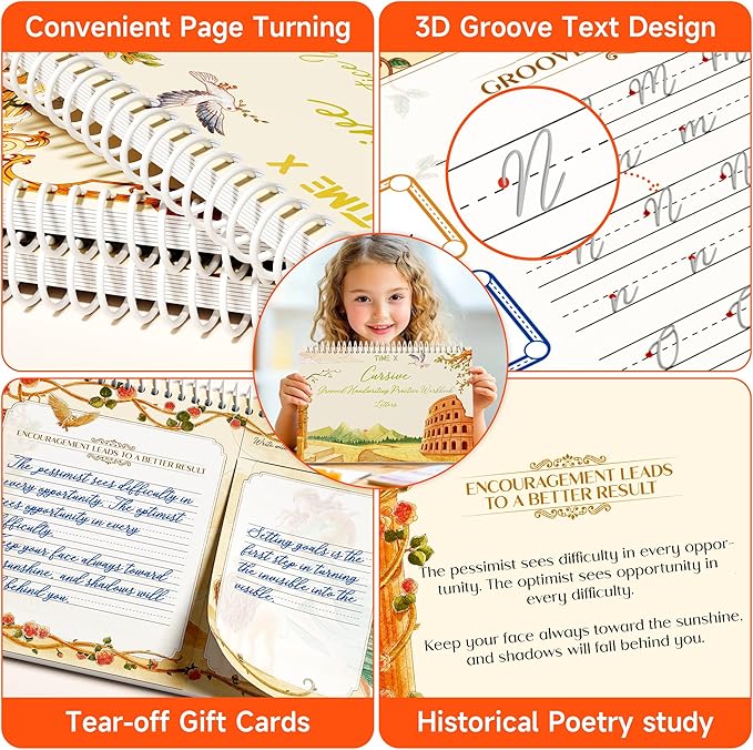 TIME X Grooved Cursive Handwriting Workbook Kit - Cursive Handwriting Workbook for Kids 8-12 and Adults - 3Pcs Magic Reusable Handwriting Workbook with Detachable Quote Postcards - 12.6"x10.6"