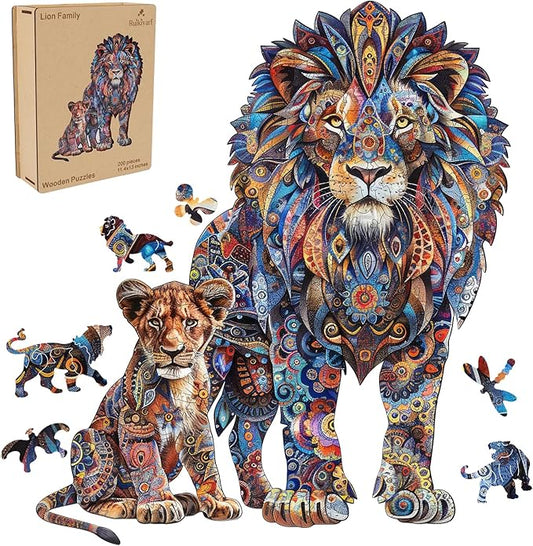 Ruikiyart Wooden Puzzles for Adults, 5MM 200 Pieces Lion Family Wooden Jigsaw Puzzles, Animal Unique Shaped Puzzle Gifts for Adults and Kids on Thanksgiving, Christmas (11.4'' x 13'')