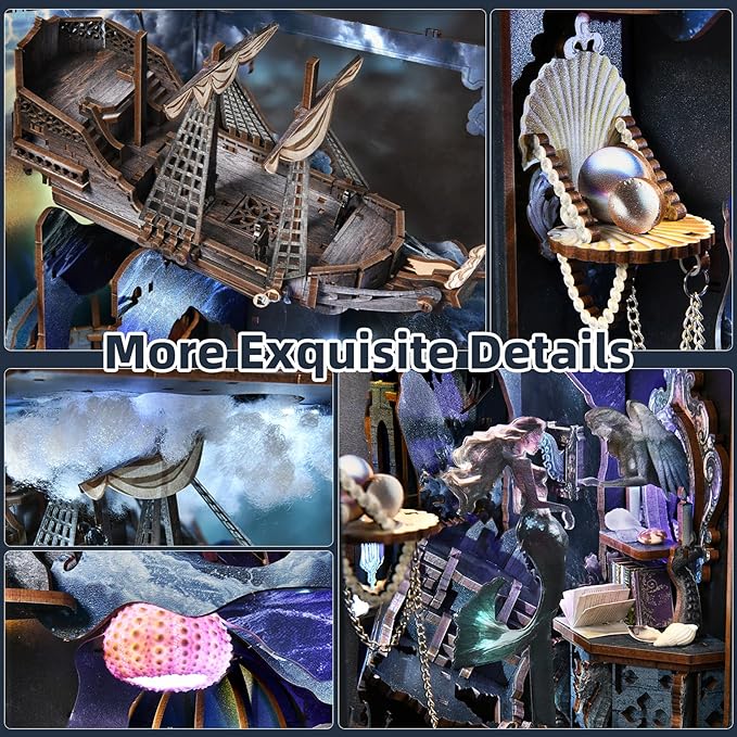 Book Nook Kit, DIY Doll House Booknook, Miniature Kit for Bookshelf Doll Houses for Adults Teen Halloween, 3D Wooden Puzzle Bookends with Led Light and Dust Cover (Sirens Song)