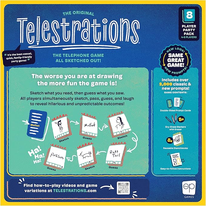 USAOPOLY Telestrations 8 Player 2nd Edition Board Game, Award Winning Hilarious and Unpredictable Must Have Party Game with a New Look, Sketch What Your Read Then Guess What You Saw, 4-8 Players