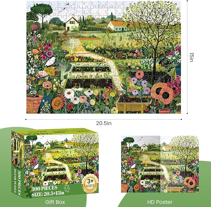 300 Piece Puzzles for Adults, Vibrant Flower Garden and Vegetable Patch Jigsaw Puzzles, Cottage Farm Scene Puzzle with Countryside Charm, Relaxing Gift for or Adults, Kids, Seniors, 20.5"x15"
