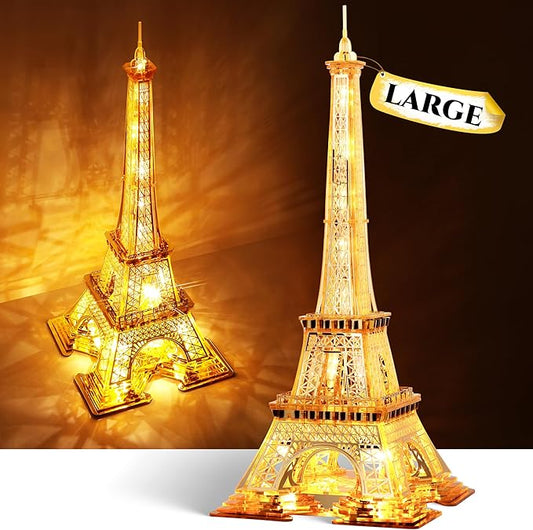 LED 3D Puzzle Eiffel Tower Building Model - 3D Architecture Building Model - Landmark of Paris at Night - 3D Acrylic Puzzle Décor Lamp DIY Ornament Nightlight(Large,Gold)