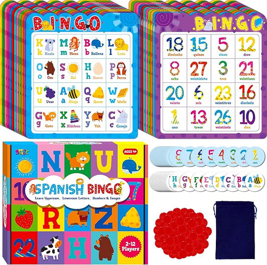 Spanish Bingo Game, 12 Bingo Board Spanish Letters, Numbers & Words Vocabulary Game, Early Educational Toys for Learning - Ages 4 and up, Perfect for Classroom & at Home (Up to 12 Players)