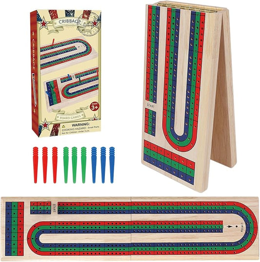GOTHINK Folding Cribbage Board Game Set, Classic Wooden Cribbage Boards Game for Family Fun, 9 Multi-Colored Pegs, 3 Tracks, Red Green Blue Pegs for 2-3 Players