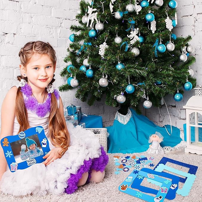 Fovths 24 Packs Winter Foam Picture Frame Kits DIY Winter Snowflake Frame Crafts Picture Craft with 300 Self Adhesive Stickers for Xmas Party Favors Birthday Home Decor
