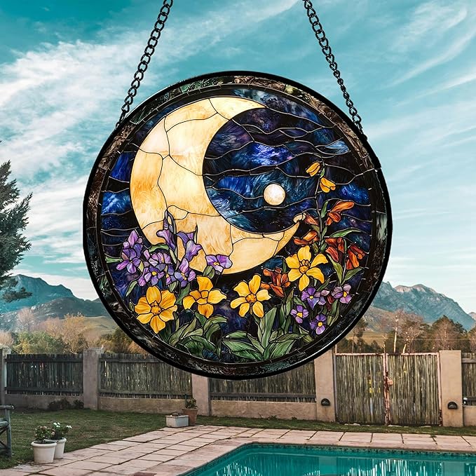 Stained Glass Window Hanging - Blue Night Sky Moon Suncatcher for Door Terrace Garden Home Decor Wildflowers Sun Catcher Birthday Gifts for Lovers Women Men Dad Mom Nana 11.8 in