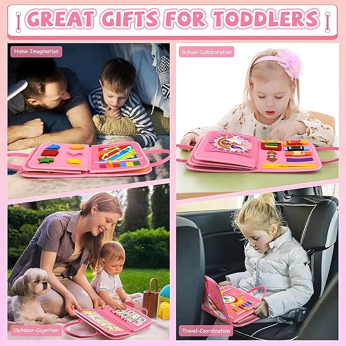 Busy Board for 1 Year Old Sensory Toys for Toddlers 1-3 Montessori Learning Busy Book for Boys Girls Preschool Toys Gift (Pink)