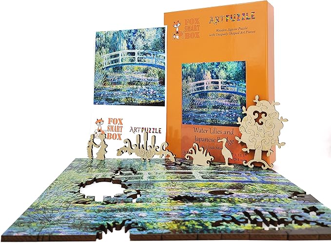 Wooden Jigsaw Puzzle for Adults - Uniquely Shaped Pieces - Made in The USA by FoxSmartBox - 210 Pieces - Water Lilies and Japanese Bridge