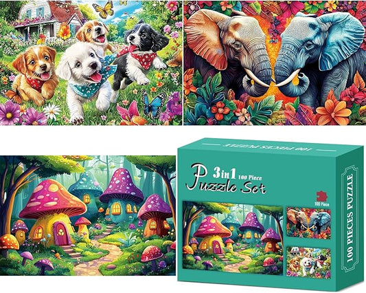 3-Pack 100 Piece Puzzles for Kids,Running Dogs Elephant Mushroom Puzzle for Kids Age 4-6 6-8 8-10,Unique Large Piece Jigsaw Puzzle,Recycled Paper,Bright & Colorful Educational Puzzle,Boys Girls Gift