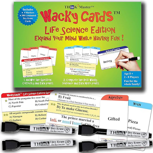 Think2Master Wacky Cards Life Science. Science Card Game for Families & Classroom. Make Hilarious Sentences While Learning About Life Science. Multi Leveled. Kids & Adults can Play Together.
