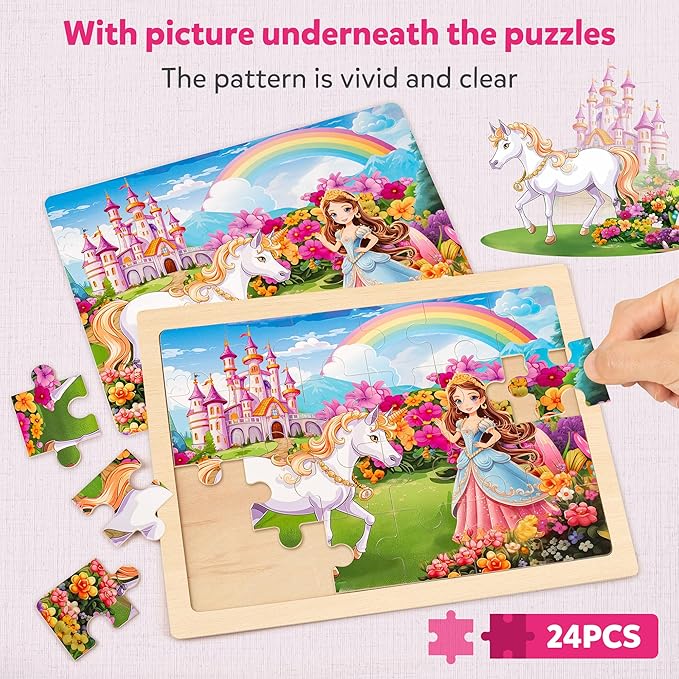 SYNARRY Large Unicorn Princess Fairy Wooden Puzzles for Girls Gift Box(12.2*9.4 in) - FSC Certified, 24 Pcs Puzzles for Kids Ages 4-6, Puzzles for Toddlers 3-5, Unicorn Toys Gifts for 3 4 5 Year Old