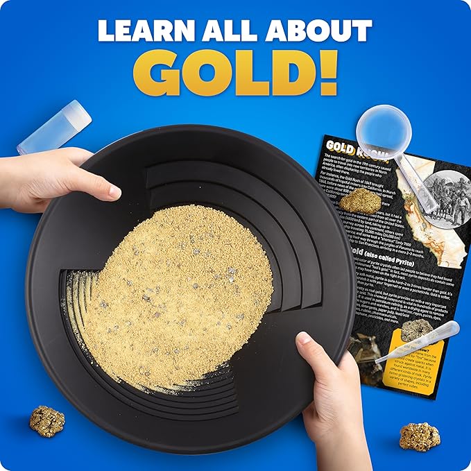 Blue Marble Gold Panning Kit for Kids - Learn to Pan for Gold, Includes Pay Dirt with Real Pyrite Specimens, Reusable Panning Pan, Vial, Tweezers & More