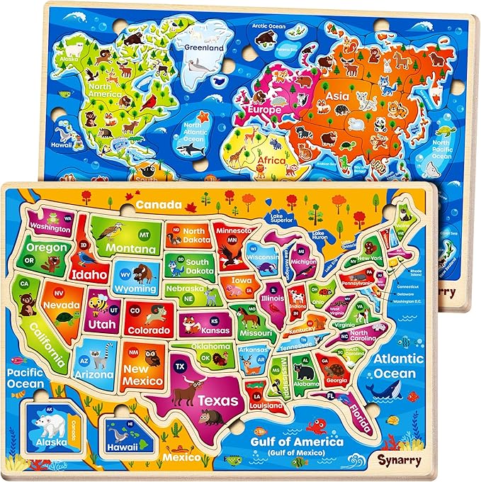 SYNARRY Large USA World Wooden Puzzles for Kids Ages 4-6, Learning United States World Maps Puzles for Kids Ages 6-8, Wood Jigsaw Puzzles Educational Games Toys Gifts for Boys Girls Ages 3-8
