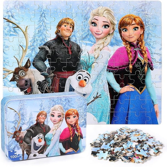 LELEMON Puzzles for Kids Ages 4-8,Snowmen 100 Piece Puzzles for Kids,Educational Kids Puzzles Jigsaw Puzzles in a Metal Box,Children 100 Piece Puzzle Games Puzzle Toys for Girls and Boys