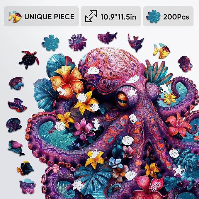 Octopus Wooden Puzzle for Adults, Ocean Jigsaw Puzzles 200 Piece, Unique Shapes Family Reunion Puzzle for Adults, Beautiful Package, Best Gift for Family Friends Medium 11.4x11.37in