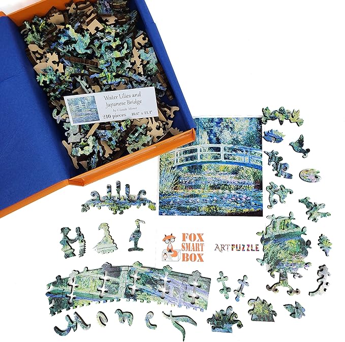 Wooden Jigsaw Puzzle for Adults - Uniquely Shaped Pieces - Made in The USA by FoxSmartBox - 210 Pieces - Water Lilies and Japanese Bridge