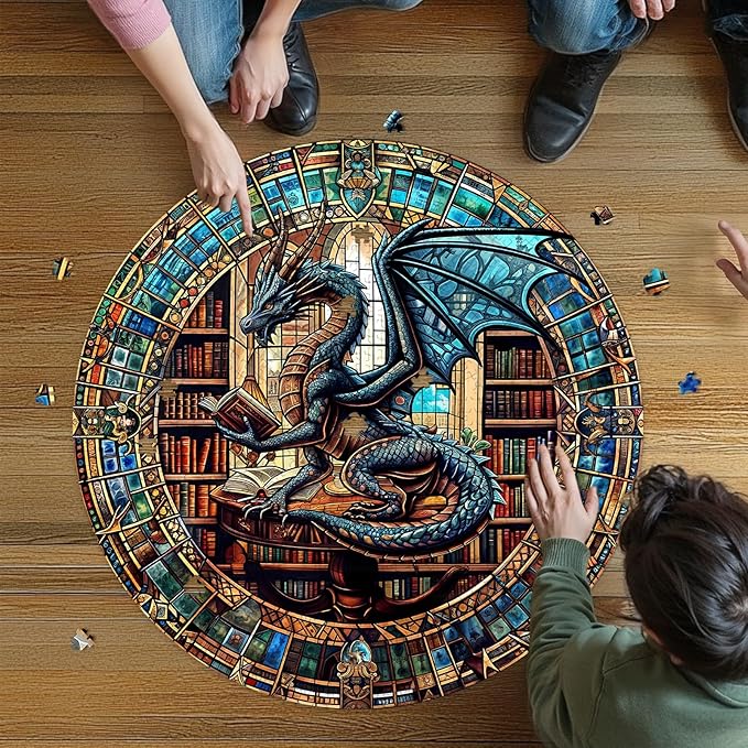 Round Puzzles for Adults 1000 Pieces, Hard Difficult Challenging Puzzles for Adults, Dragon's Library Jigsaw Puzzles 1000 Pieces for Seniors, 3D Visual Flat Puzzle (26.6 x 26.6in)