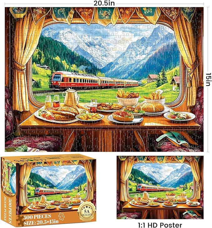 500 Piece Puzzle for Adult,Delicious Food Cartoon Jigsaw Puzzle for Adults Kids Seniors,Countryside Vintage Train Puzzle for Kids Ages 8-10 10-12,Challenging Puzzles Perfect for Game Nights,20.5*15 In
