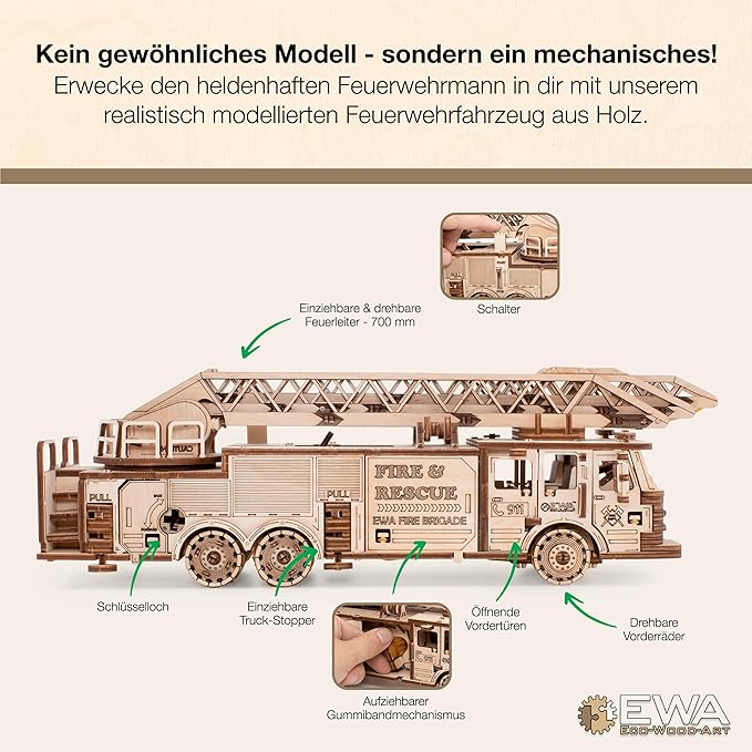 3D Wooden Puzzle - DIY 3D Puzzle Wooden Fire Truck Mechanical Model Kit with Wind Up Mechanism, Adjustable Ladder & More - 3D Puzzles for 15 yrs Above & Adults - Eco Wood Art, 439 Pieces