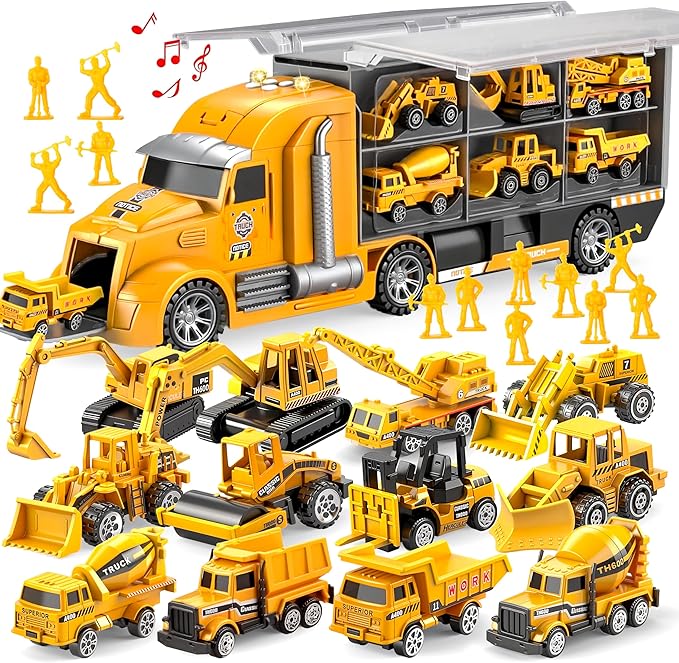 JOYIN 25 in 1 Kids Construction Truck Toy Set, 24Pcs Push and Go Cars and Worker Figures, Toddler Play Vehicles Carrier Truck with Sounds and Light, Birthday Gifts Toys for 3 4 5 6 7 Years Old Boys