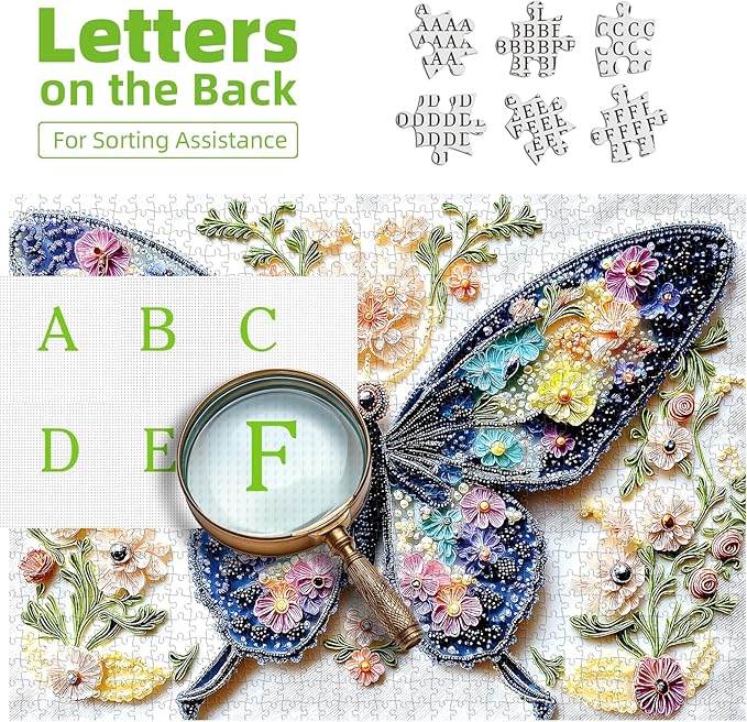 Beaded Butterfly 500 Piece Jigsaw Puzzle for Adults Colorful Beaded Floral Design Family Challenging Puzzle with Letters on Back Ideal for Seniors Home Decor Art (23"X15")