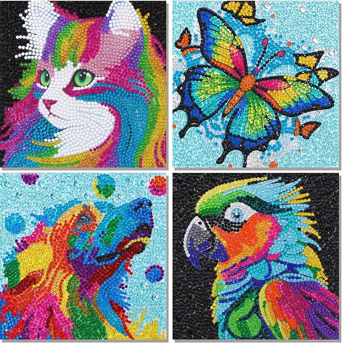Libfx Diamond Art Kits for Kids 4 PCS Diamond Art for Girls Boys Beginners Arts and Crafts for Kids Ages 8-12 (Parrot-Cat)