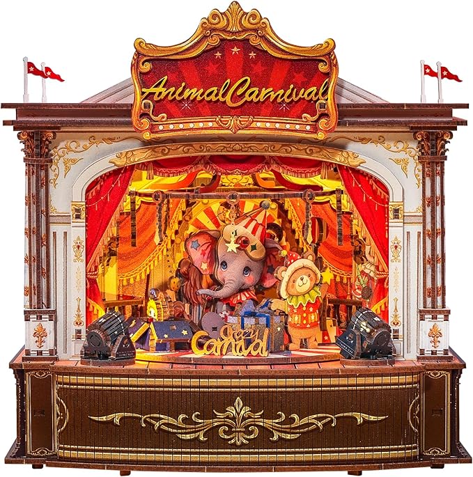 CUTEBEE 3D Wooden Puzzles Music Box - Merry-go-Round DIY Book Nook, Rotating Mechanical Model Building Kit, Wooden Music Box Kit with LED, Craft Hobbies Kit for Adults Birthday for Adults