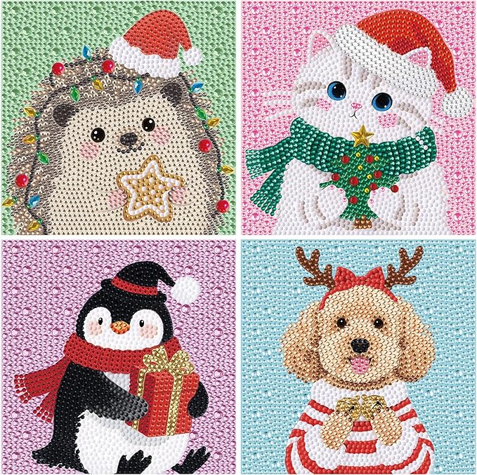 Libfx Diamond Art Kits for Kids 4 PCS Diamond Art for Girls Boys Beginners Arts and Crafts for Kids Ages 8-12 (Hedgehog Penguin Cat Dog)