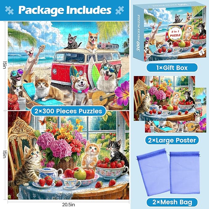 2 Pack 300 Pieces Puzzle for Adults, Dog Kittens Jigsaw Puzzles, Recycled Cardboard Puzzles 300 Pieces, Birthday and Barious Holiday Party for Family Kids and Adult, Funny Puzzle for Adults 20.5x15in