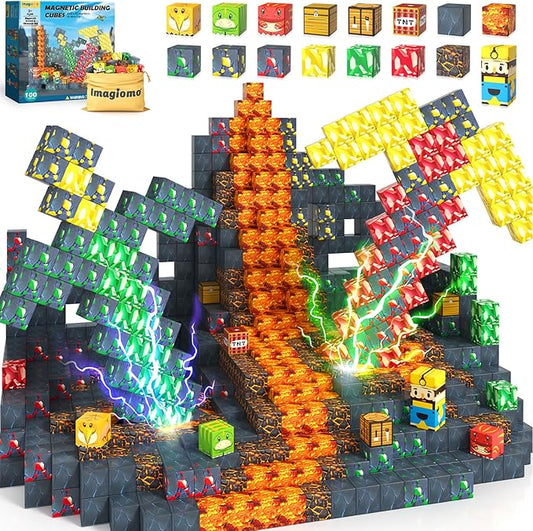 100PCS Magnetic Blocks - Build Mine Magnet World Mine Adventure Set Dinosaur Toys, Creative Jurassic Kids Games for 3-5 5-7 8-12 Boys, Sensory STEM Outdoor Toys for Boys & Girls Birthday Gifts