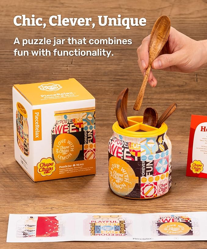 Chupa Chups X PieceRelax 3D Puzzle Jar 96 Plastic Pieces for Adults - Timeless Memories - Retro Fun M Use Includes Divider as Pen and Utensils Holder with Wooden Lid for Kitchen Dining Study [BB1044]