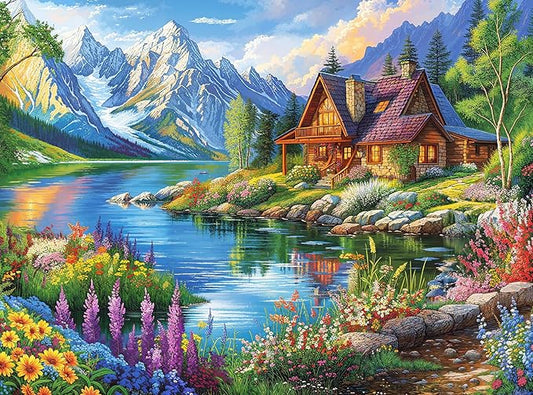 Cross & Glory - Lakeside Serenity - 1000 Piece Jigsaw Puzzle for Adults | Tranquil Mountain Cottage | Ideal for Relaxation and Nature Lovers