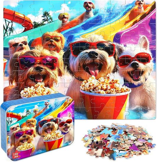 LELEMON Funny Puppy Puzzles for Kids Ages 4-8,100 Pieces Fun at The Amusement Park Dog Jigsaw Puzzles in a Metal Box,Fun Animal Pet Learning Educational Toys for Boys Girls