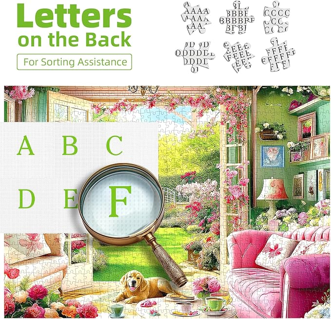 Blueforest 500 Piece Jigsaw Puzzle for Adults - Unique Shape Pieces | Cozy Indoor Garden Scene with Golden Retriever | Challenging & Fun Puzzle 23x15 Inches