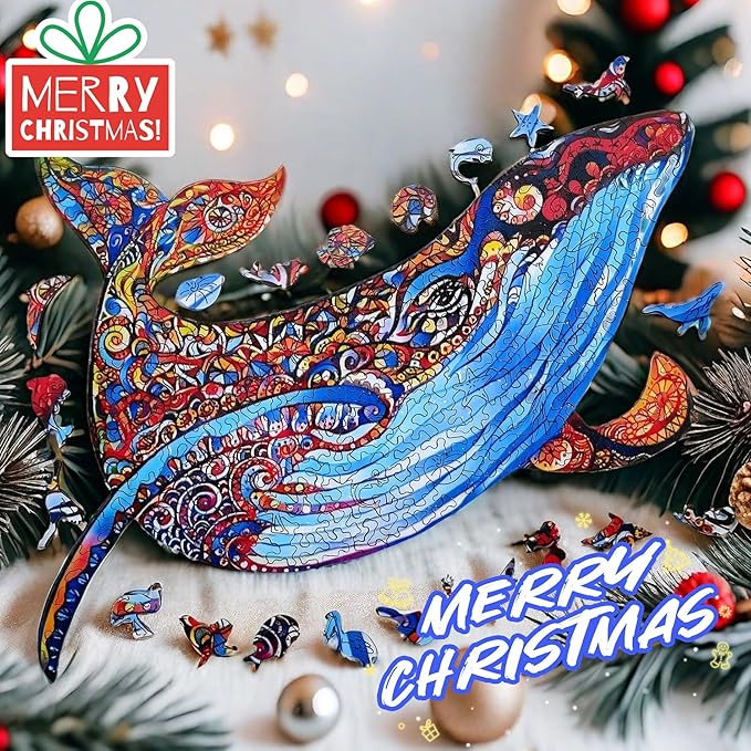 Wooden Jigsaw Puzzle for Adults,Blue Whale Animals Shaped Magic Puzzle Pieces Best Gift for Adults,Can be Used as a Cool Mouse Pad,225pcs,(19.29 * 12.79 inches)