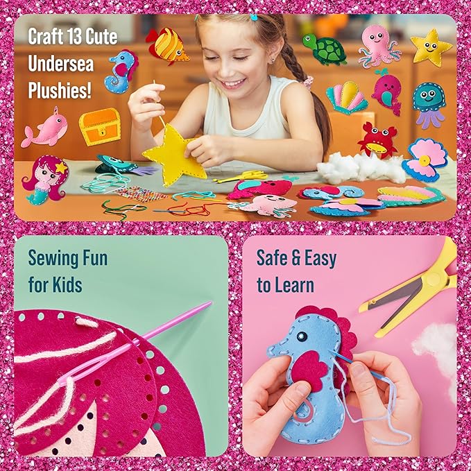 GirlZone Under The Sea Sewing Kit for Kids, Fun and Easy Embroidery Crafts, Make Adorable Sea Creatures Felt Projects, Kids Sewing Crafts for Ages 6 and Up, Includes Pre-Punch Shapes, Cute Patterns