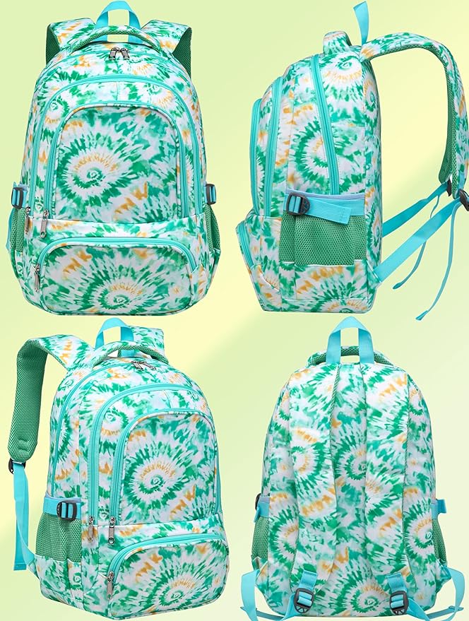 BLUEFAIRY Kids Backpack for Girls Elementary Primary Middle School Bags for Aged 8-10 for Teens Childs Bookbags Back to School Book Bags Gifts Mochilas para Niñas de 6 7 8 9 10 Años Tie-dye Green